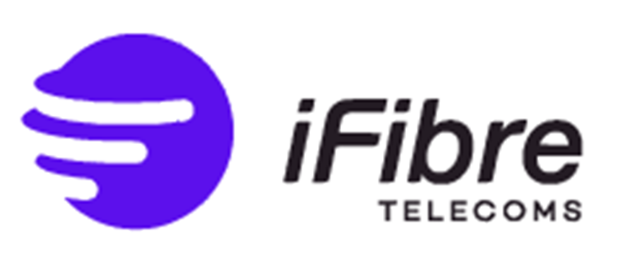 The iFibre Telecoms logo from the corporate deck: a violet disc with three swept strands landing inside it, beside an italic iFibre wordmark and the tracked word TELECOMS.